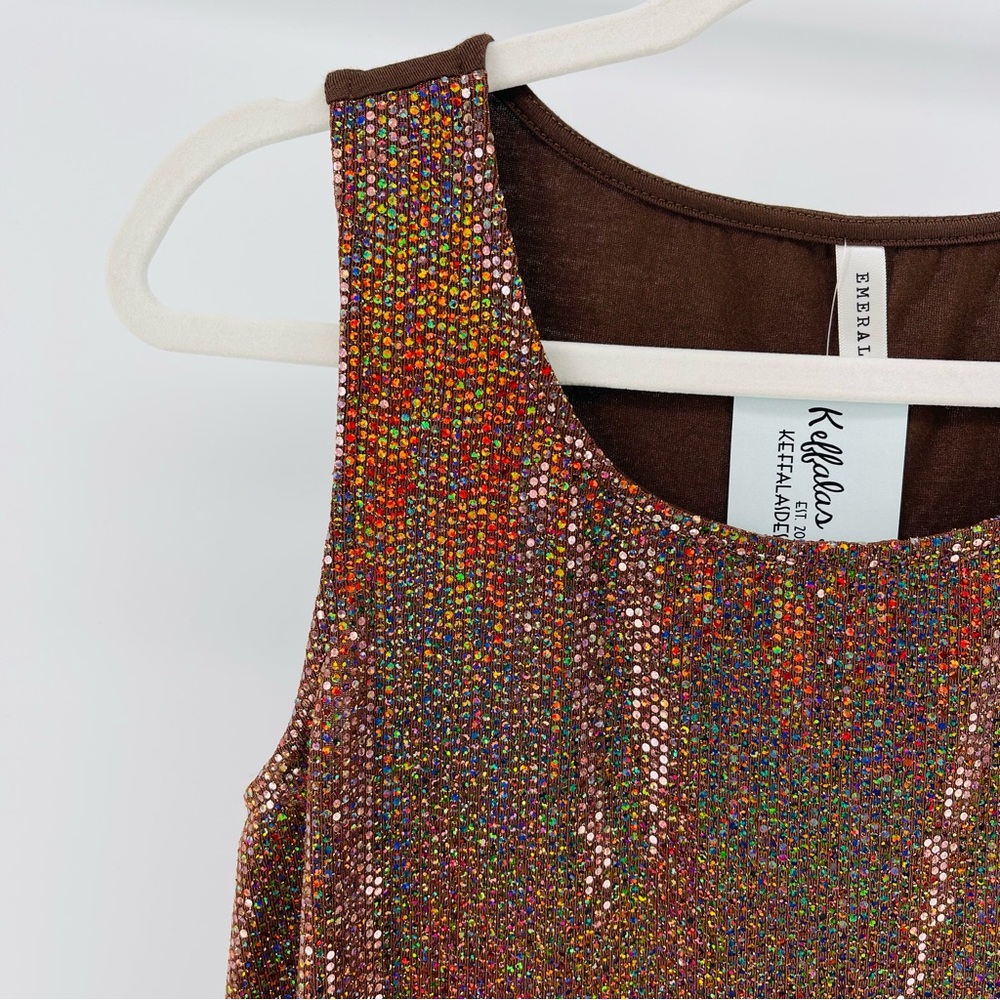 Emerald Brown Iridescent Sparkly Sequin Stretch Knit Sleeveless Top, NWT - Picture 2 of 5